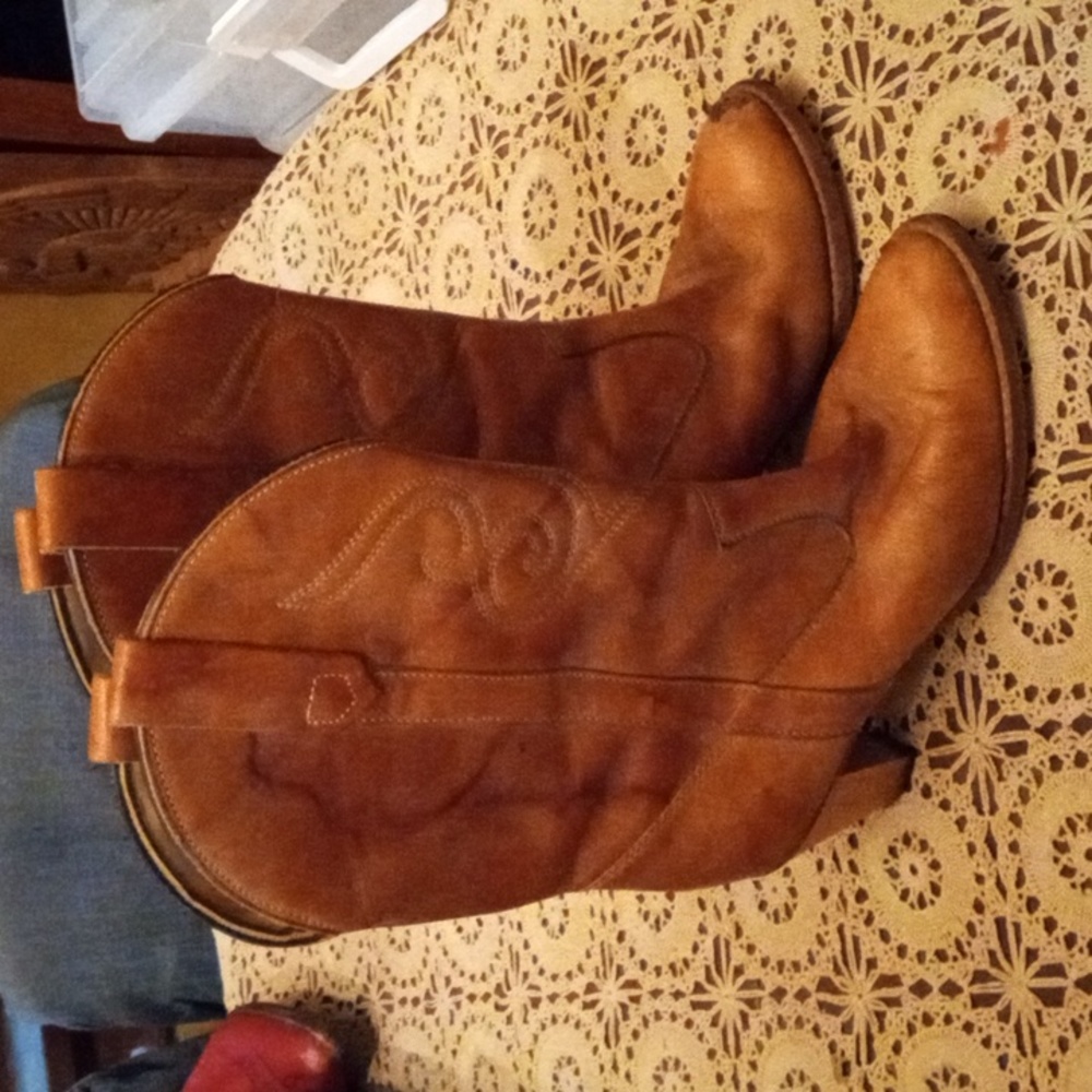 Vintage Leather Cowboy Boots sz 8 Women's Brown Wood Heels & resoled fair cond